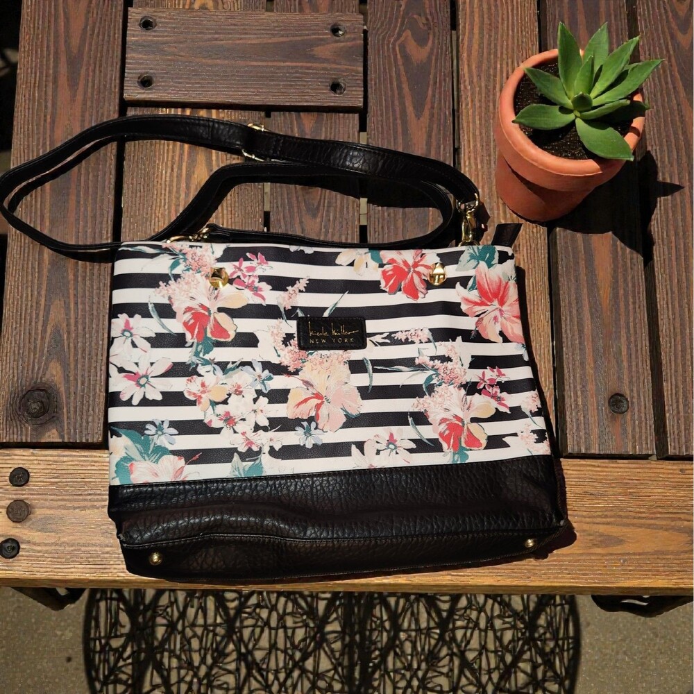 Nicole Miller New York Floral Striped Print Purse  13"  Wide, 9.5" Tall, 3" D
